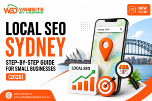 Blog Local SEO Sydney guide for small businesses 2026 featuring a smartphone map, Sydney Opera House, Harbour Bridge, and local search marketing icons.